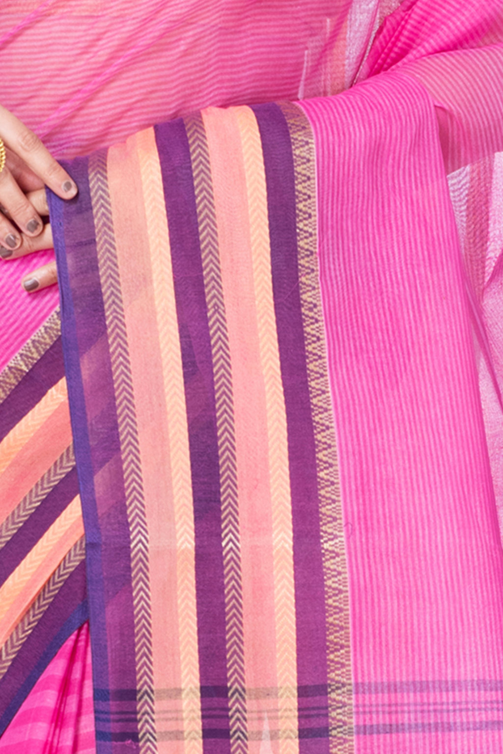 Pink Pure Cotton Khajur_Churi_Strip Tant Saree (658)